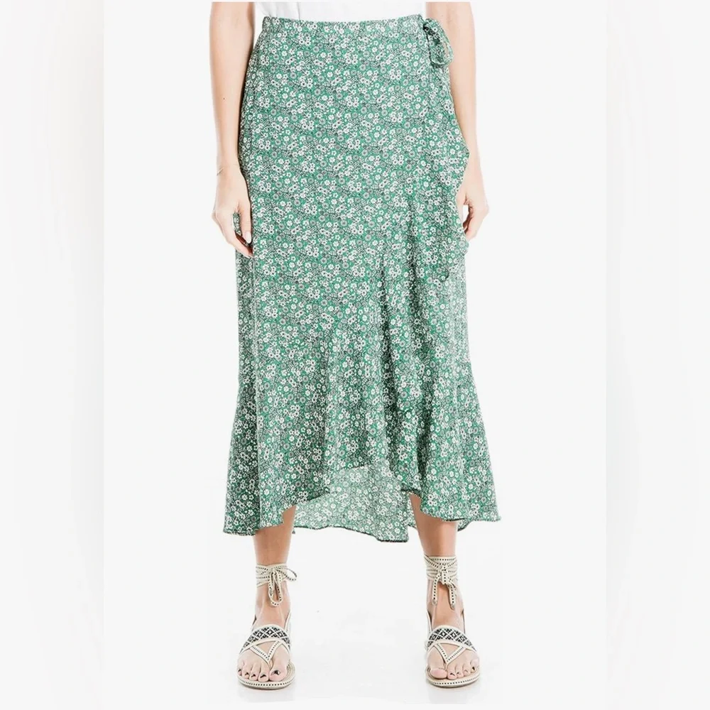 NWOT Max Studio Green Floral Maxi Wrap Skirt High Low Hem‎ Large